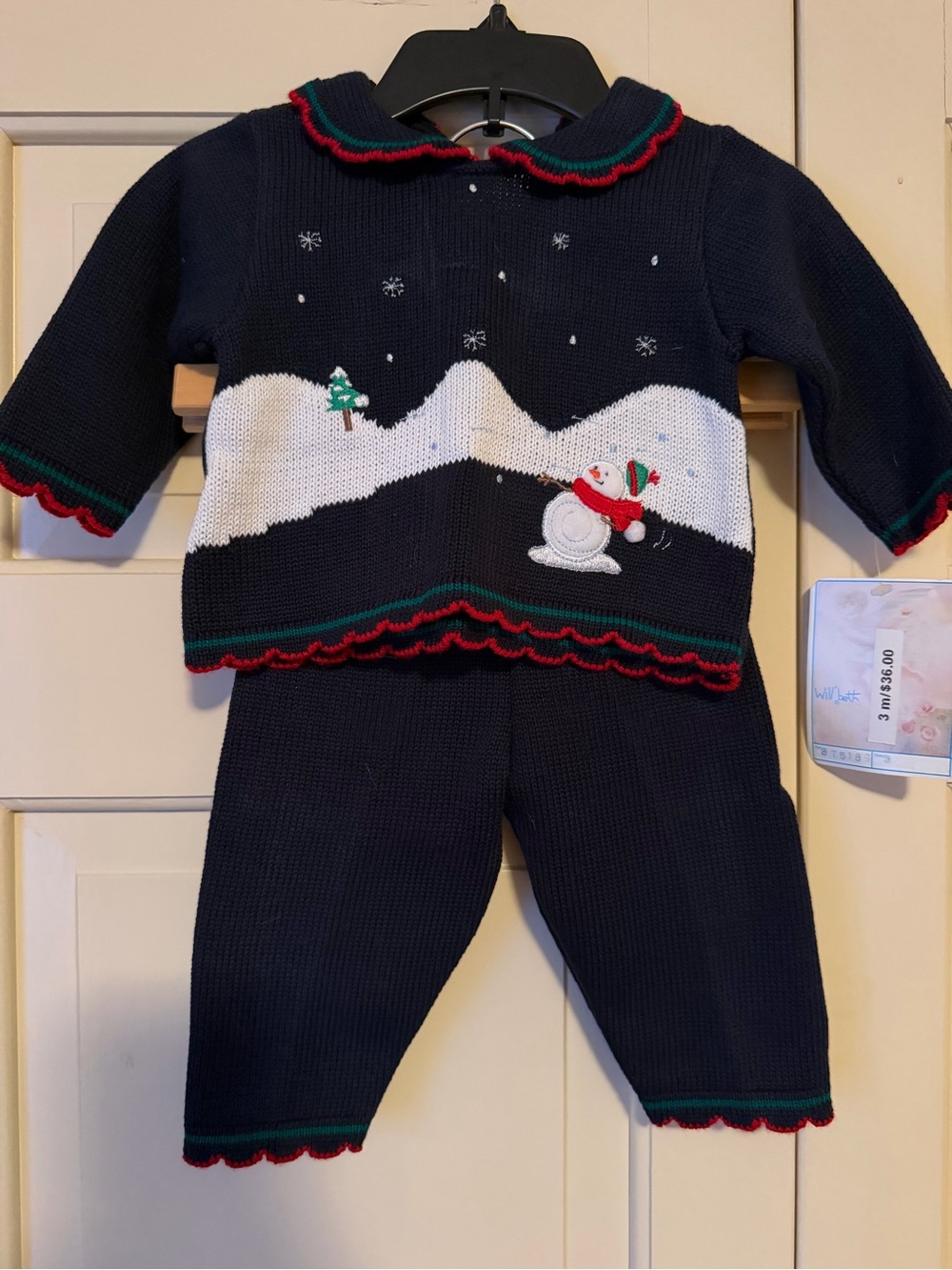 Holiday Navy Knit Snowman Sweater Set - Red & Green Trim